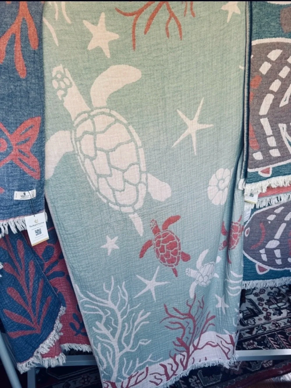 Woven Coastal Turtle 2 Side 100% Cotton Beach Towel Green + Coral NEW